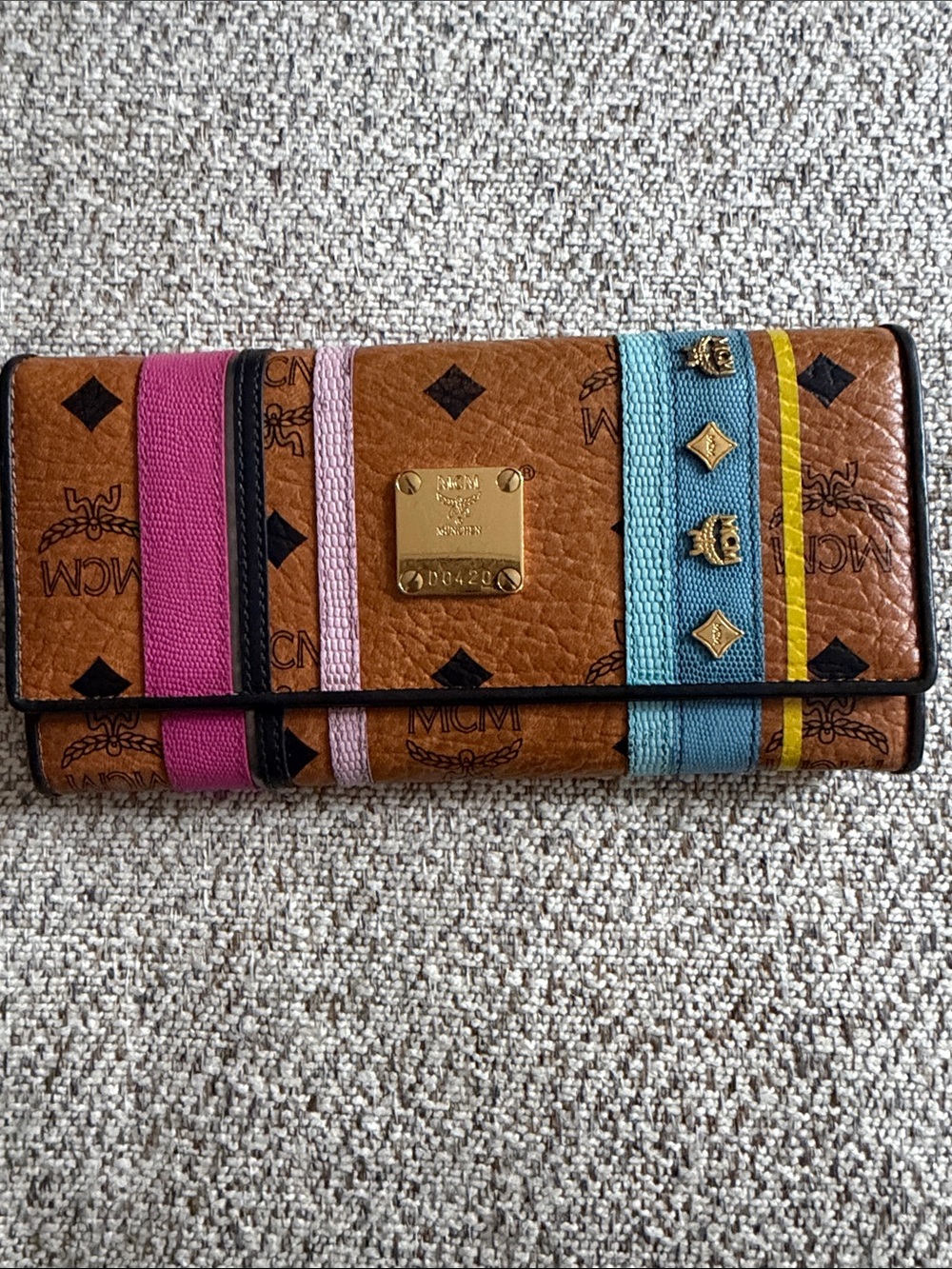 MCM Cognac Visetos Continental Wallet with Colorful Stripe Accents